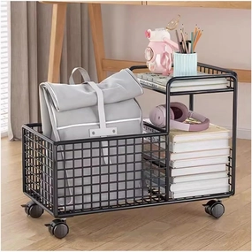 zktoermn Storage Rack with Wheels, Bookbag Storage Rack Side Table Nightstand Storage Shelf Stable Metal Frame for Bedroom,Kitchen,Living Room and Office (Color : Black, Size : 52x26x35cm)