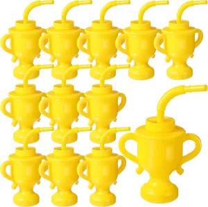 Zubebe 12 Pcs Race Car Trophy Cups with Straws Lids 10oz Plastic Reusable Racing Party Cups Bulk for Kids Two Fast Construction Birthday Party Favors Supplies Holiday Gifts(Gold)