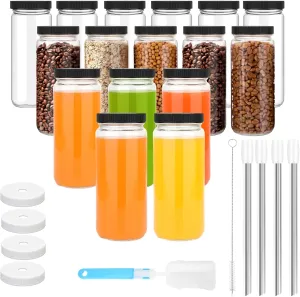 Zukro Glass Juice Bottles with Lids, 16 oz Wide Mouth Juicing Bottle Reusable Glass, Clear Smoothie Cups with Straw, Airtight Lid, Leak Proof Drinking Mason Jar For Water, Bubble Tea, Dishwasher Safe