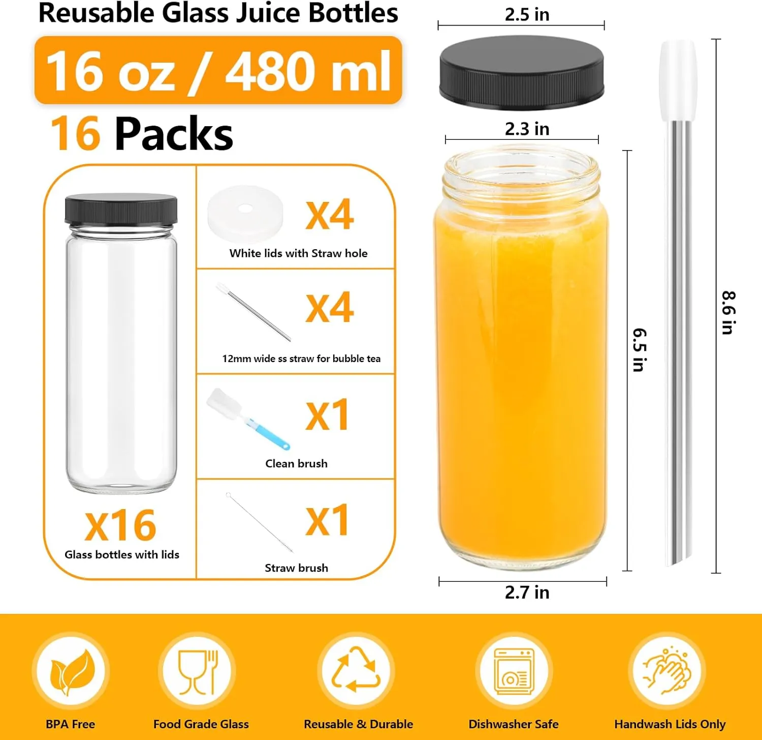 Zukro Glass Juice Bottles with Lids, 16 oz Wide Mouth Juicing Bottle Reusable Glass, Clear Smoothie Cups with Straw, Airtight Lid, Leak Proof Drinking Mason Jar For Water, Bubble Tea, Dishwasher Safe