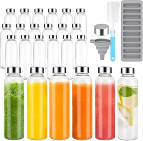 Zukro Glass Juice Bottles with Lids for Juicing 18 oz, Reusable Clear Glass Water Bottles with Stainless Steel Airtight Cap for Refrigerator, 100% Leak Proof, BPA Free, Set of 24